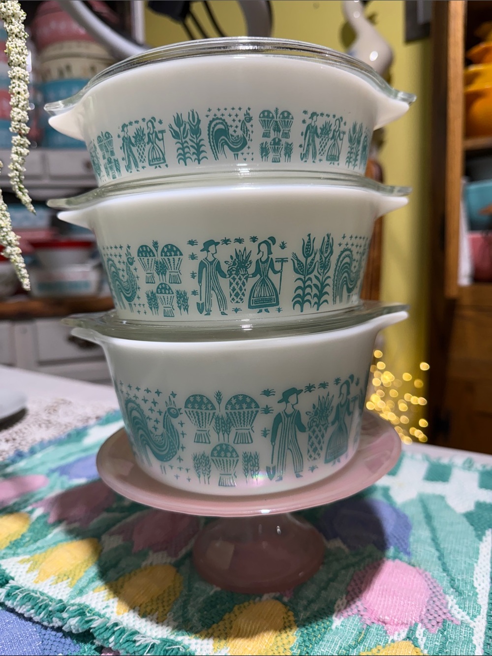 Pyrex Turquoise and White Vintage Mixing Bowls Set